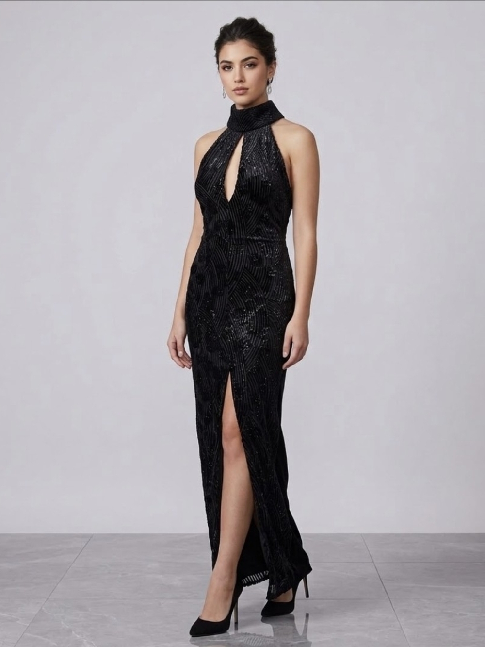 Vtg Black Velvet Burnout Mesh Dress Y2K 90s Evening Slip Maxi Prom Gown Glam